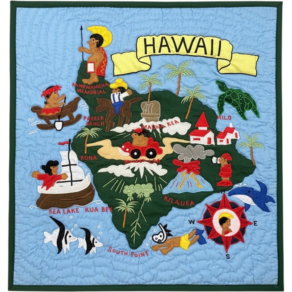 2-Kenui Quilts Hawaii Map Pillow Shams  Blue Green Embroidered Applique 20x18